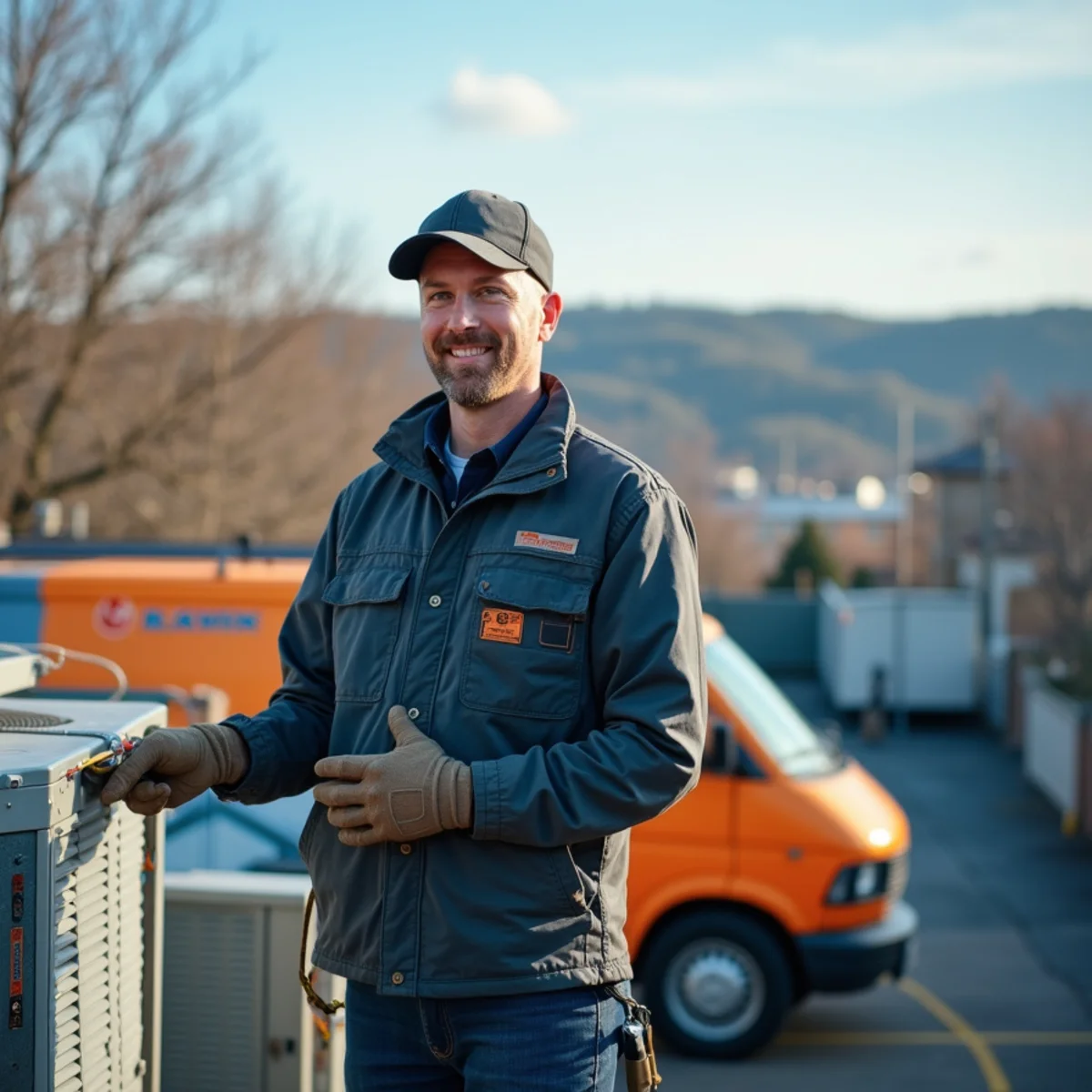 Technician servicing rooftop units on a Pittsburgh commercial building