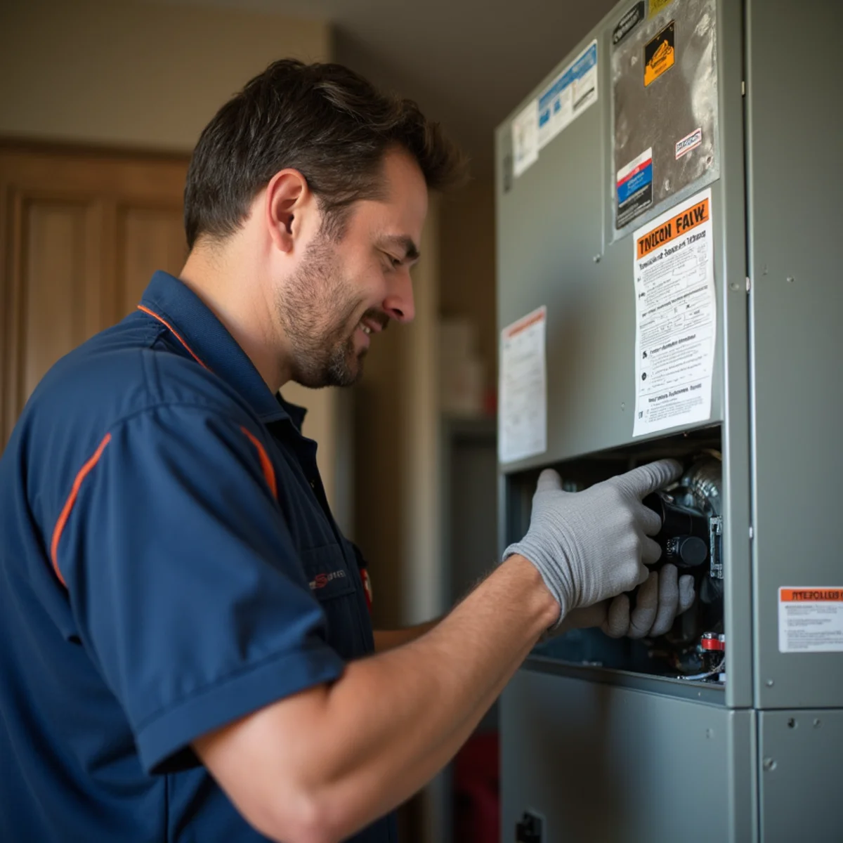 Technician performing a fall furnace tune-up in a Pennsylvania home