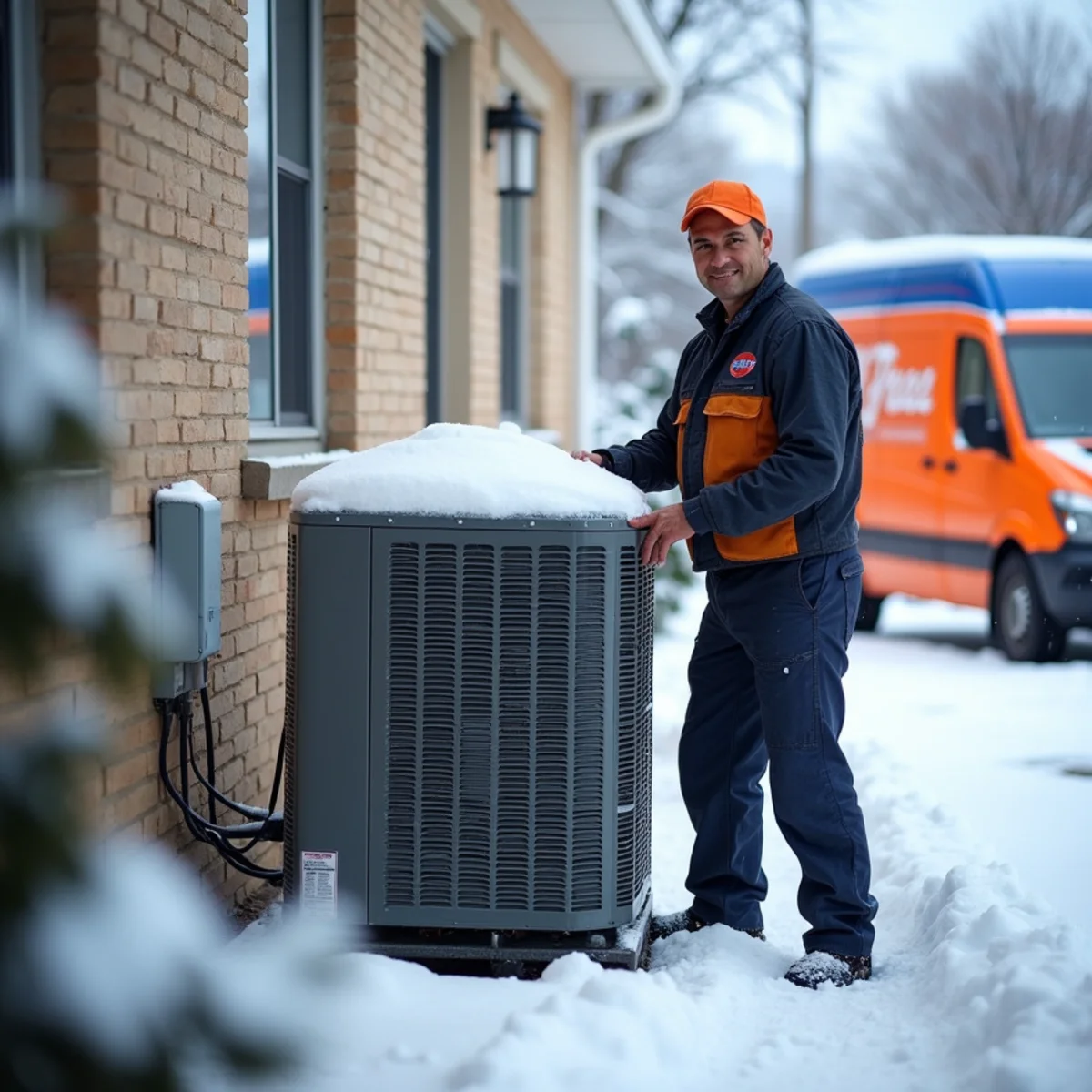 Cold-climate heat pump running outside a Pittsburgh home in winter