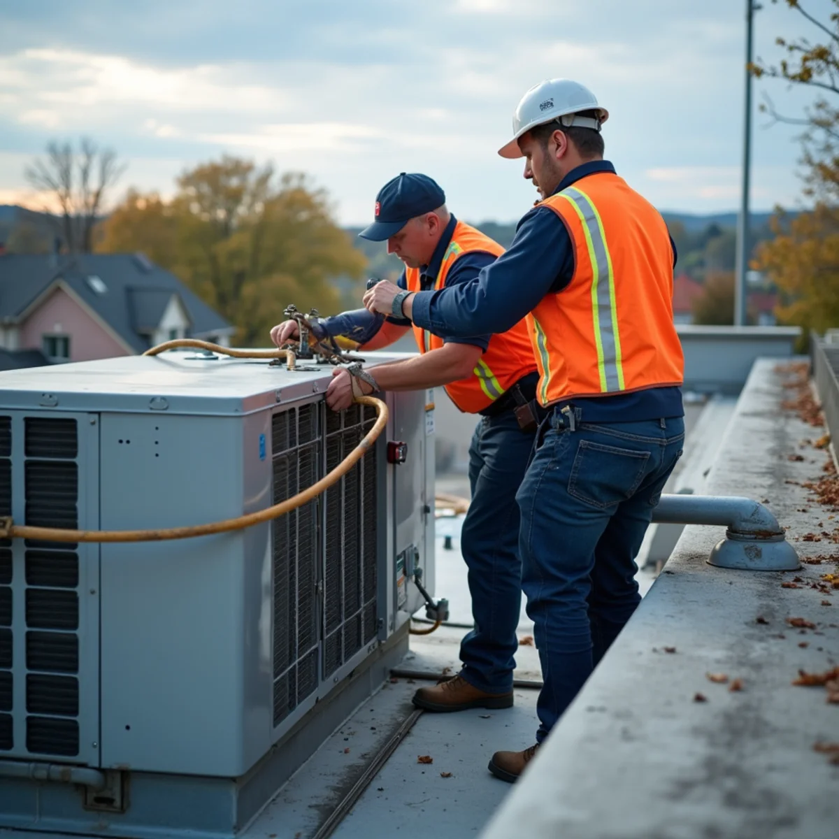 Rooftop HVAC unit being repaired on a Pittsburgh commercial building