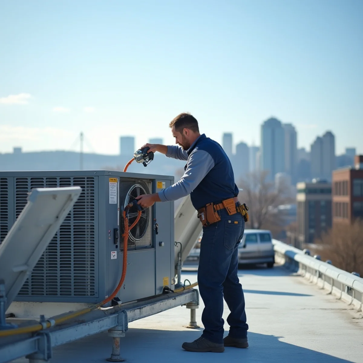 Werth-Aire technician servicing a rooftop unit on a Pittsburgh commercial building