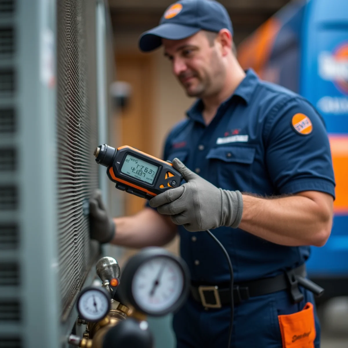 EPA-certified Werth-Aire technician performing refrigerant leak detection on a Pittsburgh AC